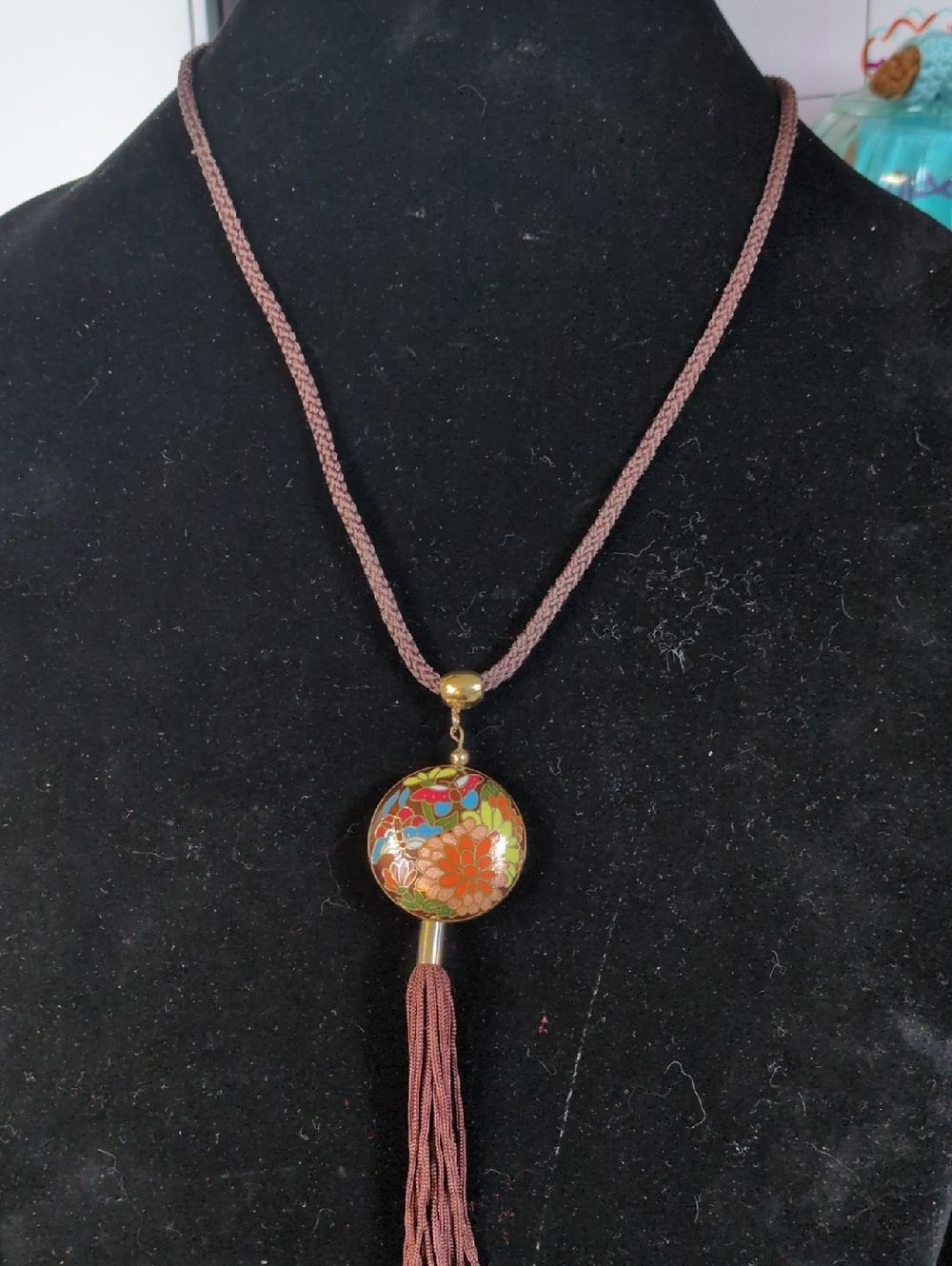 Brown Cloisenae Puff Pendant Tassel Necklace with Floral Design.